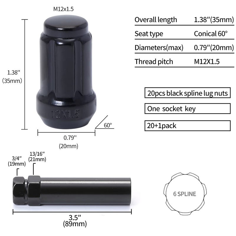 ChnewAuto M12x1.5 Lug Nuts M12-1.50 Lug Nuts Black Spline Lug Nuts 12x1.5 1.38"" Long Set of 20 Wheel Lug Nut 12mmx1.5 Lug Nuts Acorn Fit for Honda Accord CRV Civic - Image 5